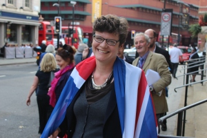 Proud Brit: Sally Gimson drapes herself in a Union Jack